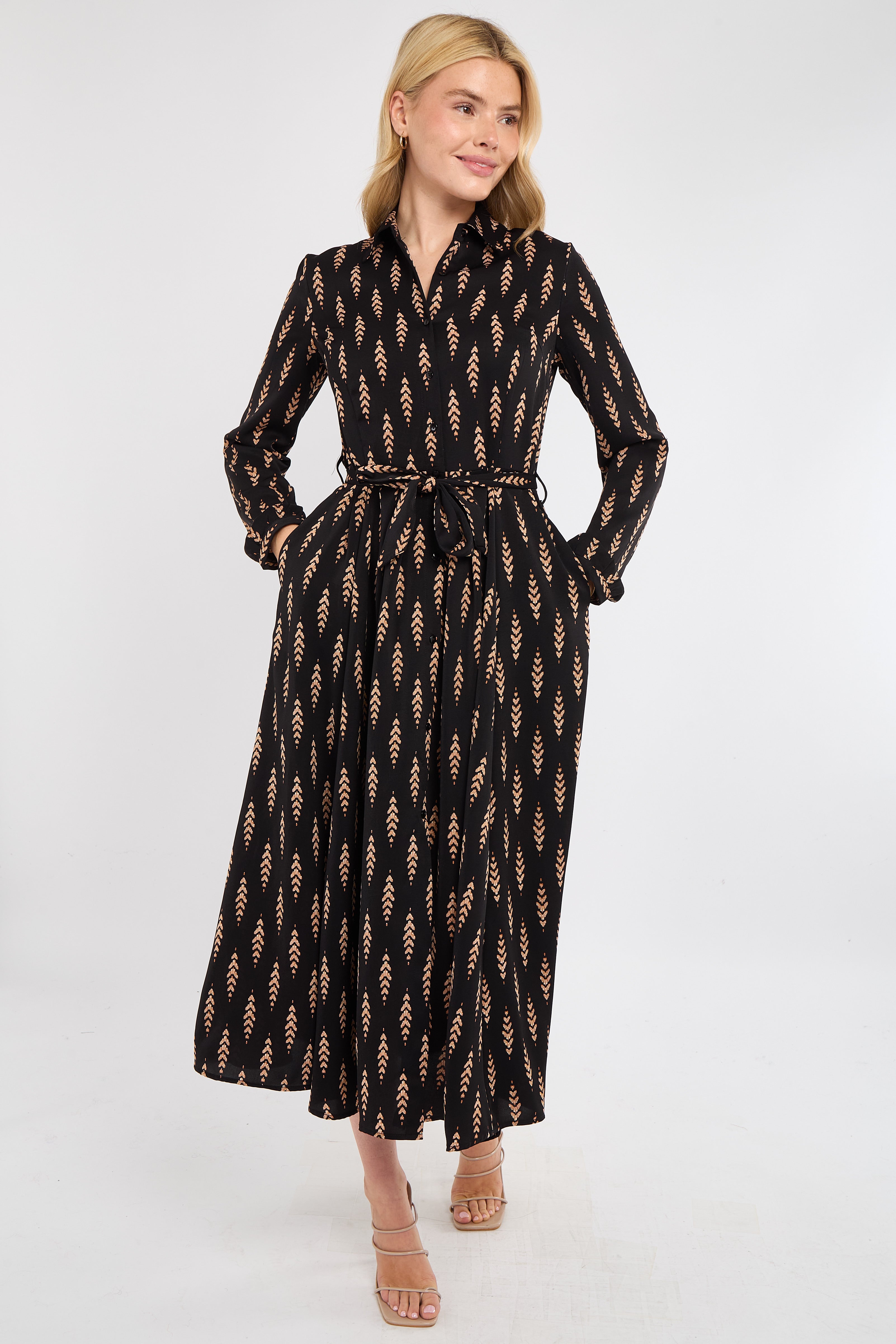 Tan Chevron Print Midaxi Shirt Dress