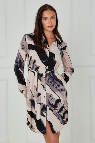 Beige Abstract Brushstroke Print Mini Shirt Dress
