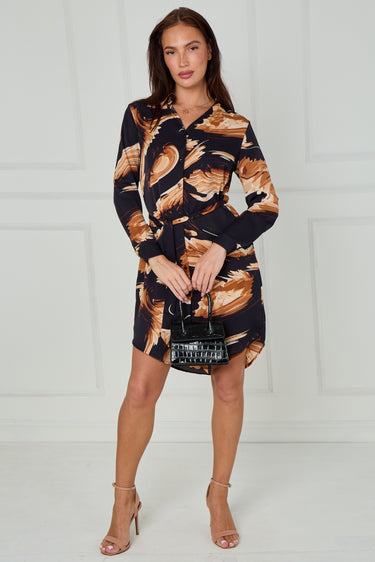 Black and Mustard Smoky Abstract Print Mini Shirt Dress