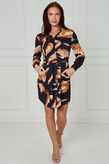 Black and Mustard Smoky Abstract Print Mini Shirt Dress