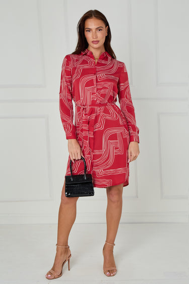 Crimson and White Geometric Print Mini Shirt Dress