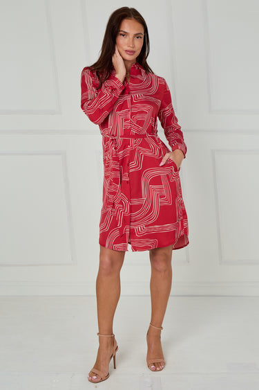 Crimson and White Geometric Print Mini Shirt Dress