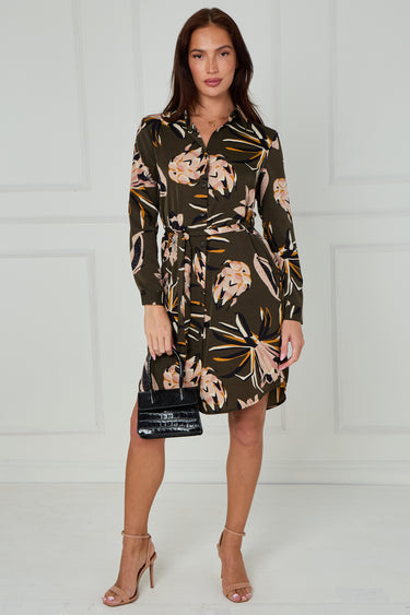 Khaki and Blush Tropical Floral Print Mini Shirt Dress