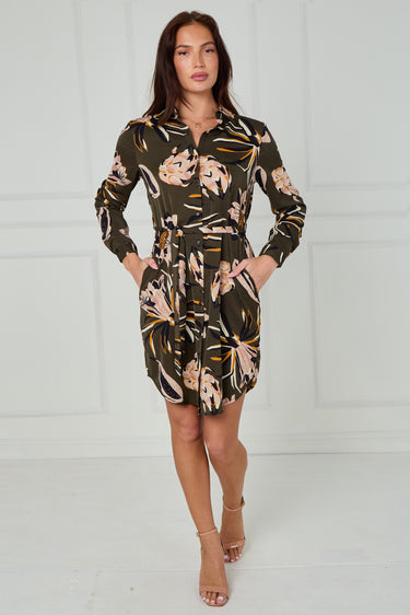 Khaki and Blush Tropical Floral Print Mini Shirt Dress