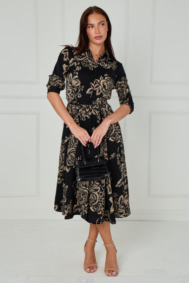 Black and Beige Rose Print Midi Shirt Dress