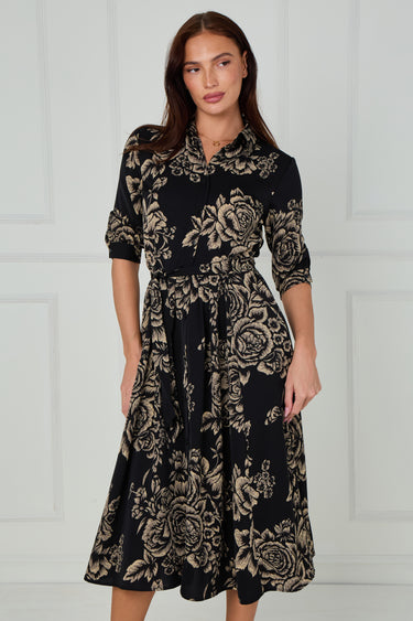 Black and Beige Rose Print Midi Shirt Dress