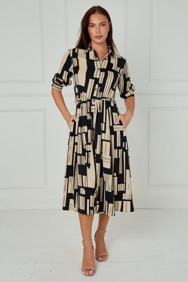 Black and Stone Geometric Stripe Print Midi Shirt Dress