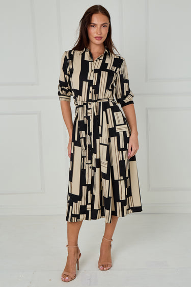 Black and Stone Geometric Stripe Print Midi Shirt Dress