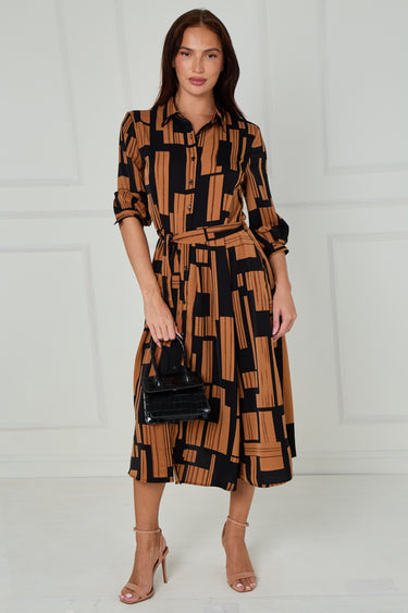 Black and Tan Geometric Stripe Print Midi Shirt Dress