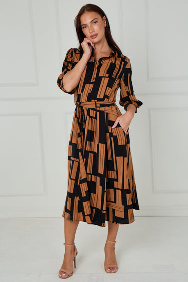 Black and Tan Geometric Stripe Print Midi Shirt Dress