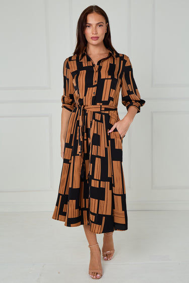 Black and Tan Geometric Stripe Print Midi Shirt Dress