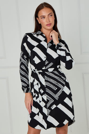 Black and White Abstract Patchwork Print Mini Shirt Dress