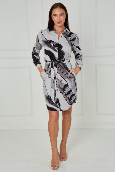 Grey Abstract Brushstroke Print Mini Shirt Dress