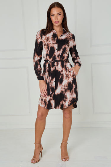 Black and Blush Abstract Tie Dye Print Mini Shirt Dress