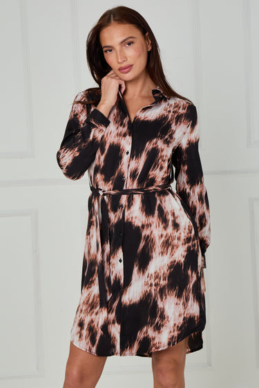 Black and Blush Abstract Tie Dye Print Mini Shirt Dress