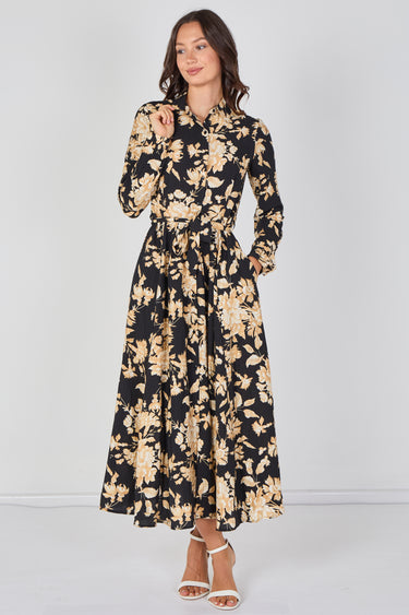 Love Sunshine Midnight Bloom Printed Belted Maxi Shirt Dress Brunch Dress Casual Dress DB Dress with Pockets Dresses Everyday Dress Garden Party Dress Long Sleeve Dress LS-2037 Wedding Guest Dress