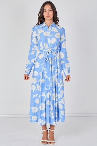 Love Sunshine Sky Blossom Printed Belted Maxi Shirt Dress Brunch Dress Casual Dress DB Dress with Pockets Dresses Everyday Dress Garden Party Dress Long Sleeve Dress LS-2037 Wedding Guest Dress