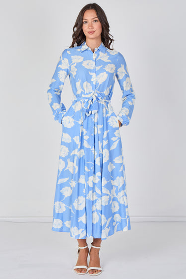 Love Sunshine Sky Blossom Printed Belted Maxi Shirt Dress Brunch Dress Casual Dress DB Dress with Pockets Dresses Everyday Dress Garden Party Dress Long Sleeve Dress LS-2037 Wedding Guest Dress