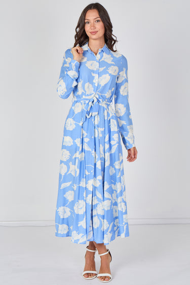 Love Sunshine Sky Blossom Printed Belted Maxi Shirt Dress Brunch Dress Casual Dress DB Dress with Pockets Dresses Everyday Dress Garden Party Dress Long Sleeve Dress LS-2037 Wedding Guest Dress