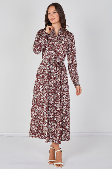 Love Sunshine Burgundy Paisley Floral Print Belted Maxi Shirt Dress Brunch Dress Casual Dress Dress with Pockets Dresses Everyday Dress Garden Party Dress Long Sleeve Dress LS-2603 Wedding Guest Dress