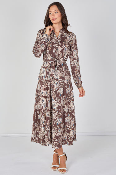 Love Sunshine Mocha Paisley Print Belted Maxi Shirt Dress Brunch Dress Casual Dress Dress with Pockets Dresses Everyday Dress Garden Party Dress Long Sleeve Dress LS-2603 Wedding Guest Dress