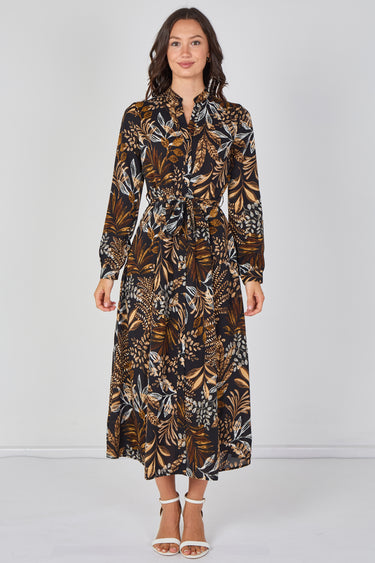 Love Sunshine Black Botanical Print Belted Maxi Shirt Dress Brunch Dress Casual Dress Dress with Pockets Dresses Everyday Dress Garden Party Dress Long Sleeve Dress LS-2603 Wedding Guest Dress