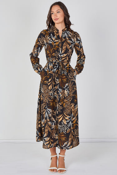 Love Sunshine Black Botanical Print Belted Maxi Shirt Dress Brunch Dress Casual Dress Dress with Pockets Dresses Everyday Dress Garden Party Dress Long Sleeve Dress LS-2603 Wedding Guest Dress