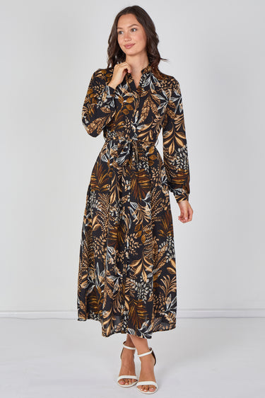 Love Sunshine Black Botanical Print Belted Maxi Shirt Dress Brunch Dress Casual Dress Dress with Pockets Dresses Everyday Dress Garden Party Dress Long Sleeve Dress LS-2603 Wedding Guest Dress