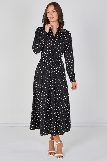 Love Sunshine Black Polka Dot Print Belted Maxi Shirt Dress Brunch Dress Casual Dress Dress with Pockets Dresses Everyday Dress Garden Party Dress Long Sleeve Dress LS-2603 Wedding Guest Dress