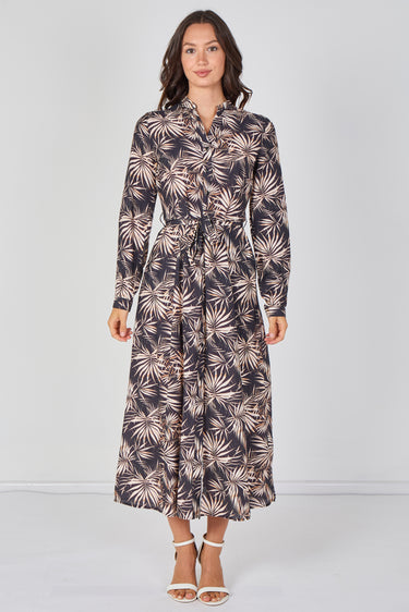 Love Sunshine Black and Blush Palm Print Belted Maxi Shirt Dress Brunch Dress Casual Dress Dress with Pockets Dresses Everyday Dress Garden Party Dress Long Sleeve Dress LS-2603 Wedding Guest Dress