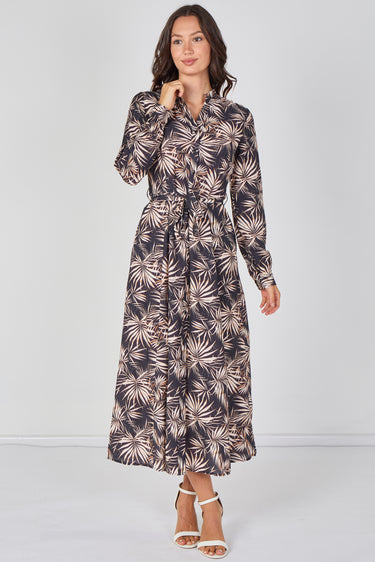 Love Sunshine Black and Blush Palm Print Belted Maxi Shirt Dress Brunch Dress Casual Dress Dress with Pockets Dresses Everyday Dress Garden Party Dress Long Sleeve Dress LS-2603 Wedding Guest Dress