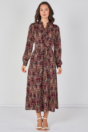 Love Sunshine Burgundy Paisley Print Belted Maxi Shirt Dress Brunch Dress Casual Dress Dress with Pockets Dresses Everyday Dress Garden Party Dress Long Sleeve Dress LS-2603 Wedding Guest Dress