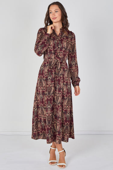 Love Sunshine Burgundy Paisley Print Belted Maxi Shirt Dress Brunch Dress Casual Dress Dress with Pockets Dresses Everyday Dress Garden Party Dress Long Sleeve Dress LS-2603 Wedding Guest Dress