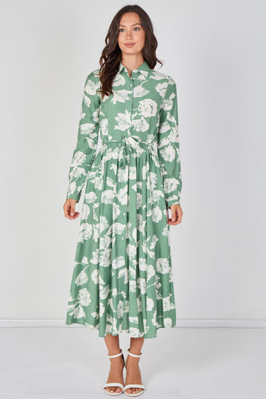 Love Sunshine Sage Green Blossom Printed Belted Maxi Shirt Dress Brunch Dress Casual Dress DB Dress with Pockets Dresses Everyday Dress Garden Party Dress Long Sleeve Dress LS-2037 Wedding Guest Dress