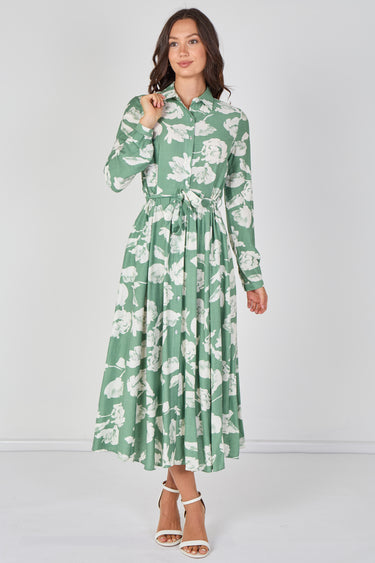 Love Sunshine Sage Green Blossom Printed Belted Maxi Shirt Dress Brunch Dress Casual Dress DB Dress with Pockets Dresses Everyday Dress Garden Party Dress Long Sleeve Dress LS-2037 Wedding Guest Dress