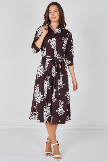 Love Sunshine Brown Ivory Bouquet Print Belted Midi Shirt Dress Brunch Dress Casual Dress Dress with Pockets Dresses Everyday Dress LS-2045 Workwear Dress