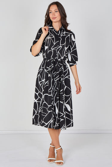 Love Sunshine Black and White Abstract Line Print Belted Midi Shirt Dress Brunch Dress Casual Dress Dress with Pockets Dresses Everyday Dress LS-2045 Workwear Dress