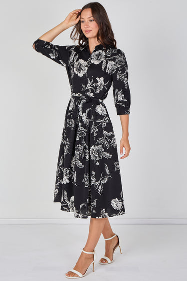 Love Sunshine Black and White Sketch Floral Belted Midi Shirt Dress Brunch Dress Casual Dress Dress with Pockets Dresses Everyday Dress LS-2045 Workwear Dress