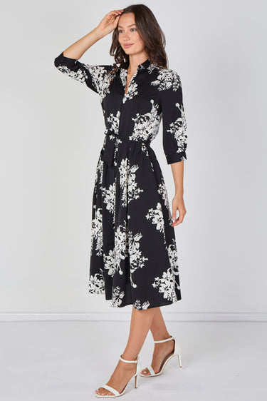 Love Sunshine Black Ivory Bouquet Print Belted Midi Shirt Dress Brunch Dress Casual Dress Dress with Pockets Dresses Everyday Dress LS-2045 Workwear Dress