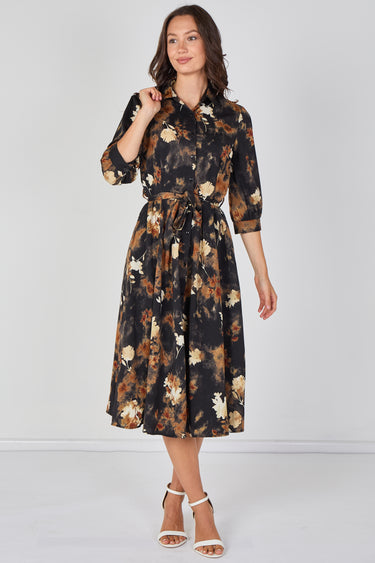 Love Sunshine Black Rust Watercolour Floral Belted Midi Shirt Dress Brunch Dress Casual Dress Dress with Pockets Dresses Everyday Dress LS-2045 Workwear Dress