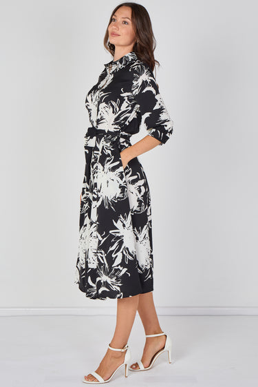 Love Sunshine Black and White Brushstroke Floral Belted Midi Shirt Dress Brunch Dress Casual Dress Dress with Pockets Dresses Everyday Dress LS-2045 Workwear Dress