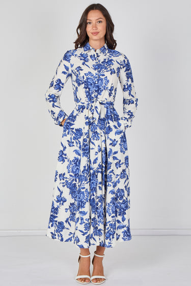 Love Sunshine Blue Porcelain Floral Printed Belted Maxi Shirt Dress Brunch Dress Casual Dress DB Dress with Pockets Dresses Everyday Dress Garden Party Dress Long Sleeve Dress LS-2037 Wedding Guest Dress