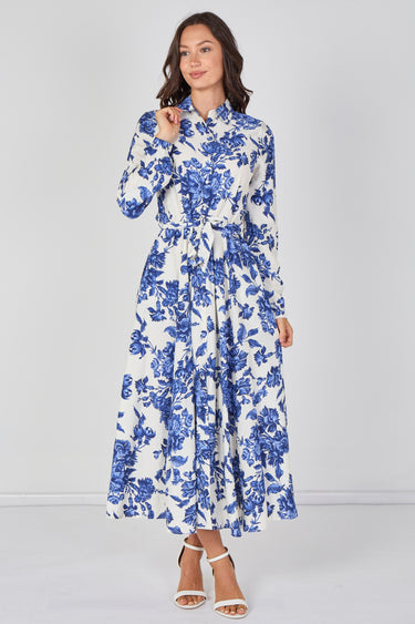 Love Sunshine Blue Porcelain Floral Printed Belted Maxi Shirt Dress Brunch Dress Casual Dress DB Dress with Pockets Dresses Everyday Dress Garden Party Dress Long Sleeve Dress LS-2037 Wedding Guest Dress