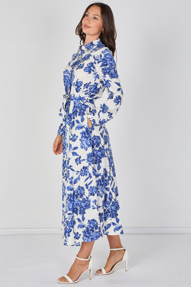 Love Sunshine Blue Porcelain Floral Printed Belted Maxi Shirt Dress Brunch Dress Casual Dress DB Dress with Pockets Dresses Everyday Dress Garden Party Dress Long Sleeve Dress LS-2037 Wedding Guest Dress