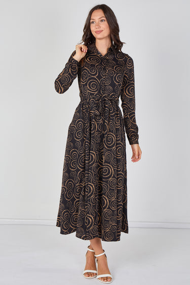 Love Sunshine Black & Camel Spiral Print Belted Midi Shirt Dress Brunch Dress Casual Dress DB Dress with Pockets Dresses Everyday Dress Garden Party Dress Long Sleeve Dress LS-2037 Wedding Guest Dress