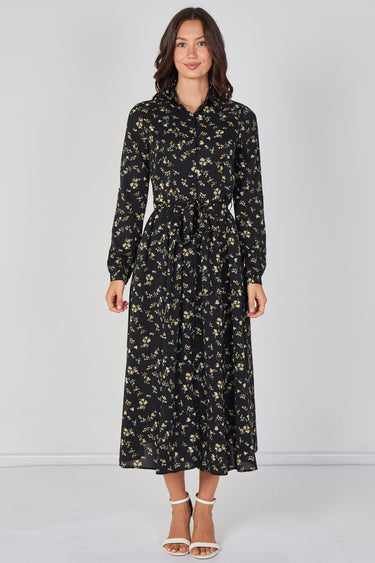 Love Sunshine Wildflower Ditsy Printed Black Belted Maxi Shirt Dress Brunch Dress Casual Dress DB Dress with Pockets Dresses Everyday Dress Garden Party Dress Long Sleeve Dress LS-2037 Wedding Guest Dress