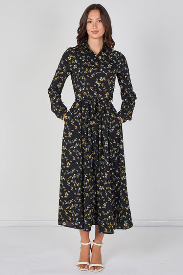 Love Sunshine Wildflower Ditsy Printed Black Belted Maxi Shirt Dress Brunch Dress Casual Dress DB Dress with Pockets Dresses Everyday Dress Garden Party Dress Long Sleeve Dress LS-2037 Wedding Guest Dress