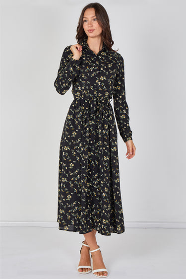 Love Sunshine Wildflower Ditsy Printed Black Belted Maxi Shirt Dress Brunch Dress Casual Dress DB Dress with Pockets Dresses Everyday Dress Garden Party Dress Long Sleeve Dress LS-2037 Wedding Guest Dress