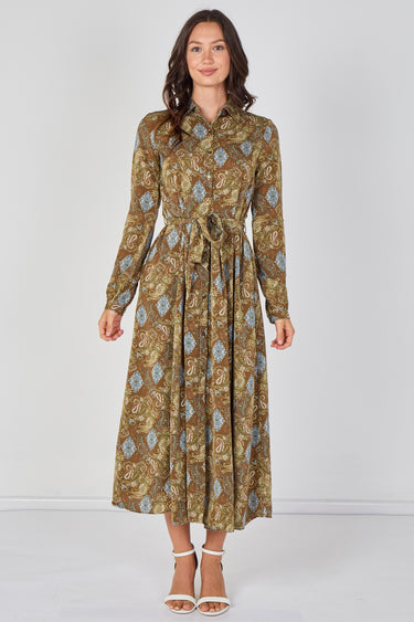 Love Sunshine Paisley Meadow Printed Khaki Belted Maxi Shirt Dress Brunch Dress Casual Dress DB Dress with Pockets Dresses Everyday Dress Garden Party Dress Long Sleeve Dress LS-2037 Wedding Guest Dress