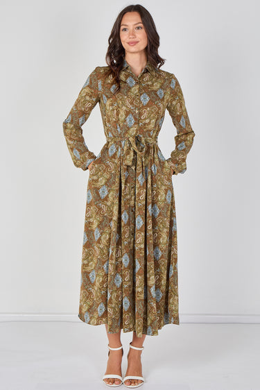 Love Sunshine Paisley Meadow Printed Khaki Belted Maxi Shirt Dress Brunch Dress Casual Dress DB Dress with Pockets Dresses Everyday Dress Garden Party Dress Long Sleeve Dress LS-2037 Wedding Guest Dress